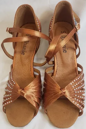 2" Jordyn -- Women's Gold Flare Heel Latin Sandal -- Dark Tan Satin/Gold Heel