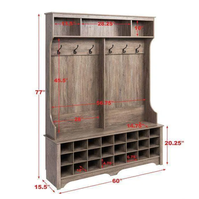 60" Wide Hall Tree with 24 Shoe Cubbies - Available in 4 Colours