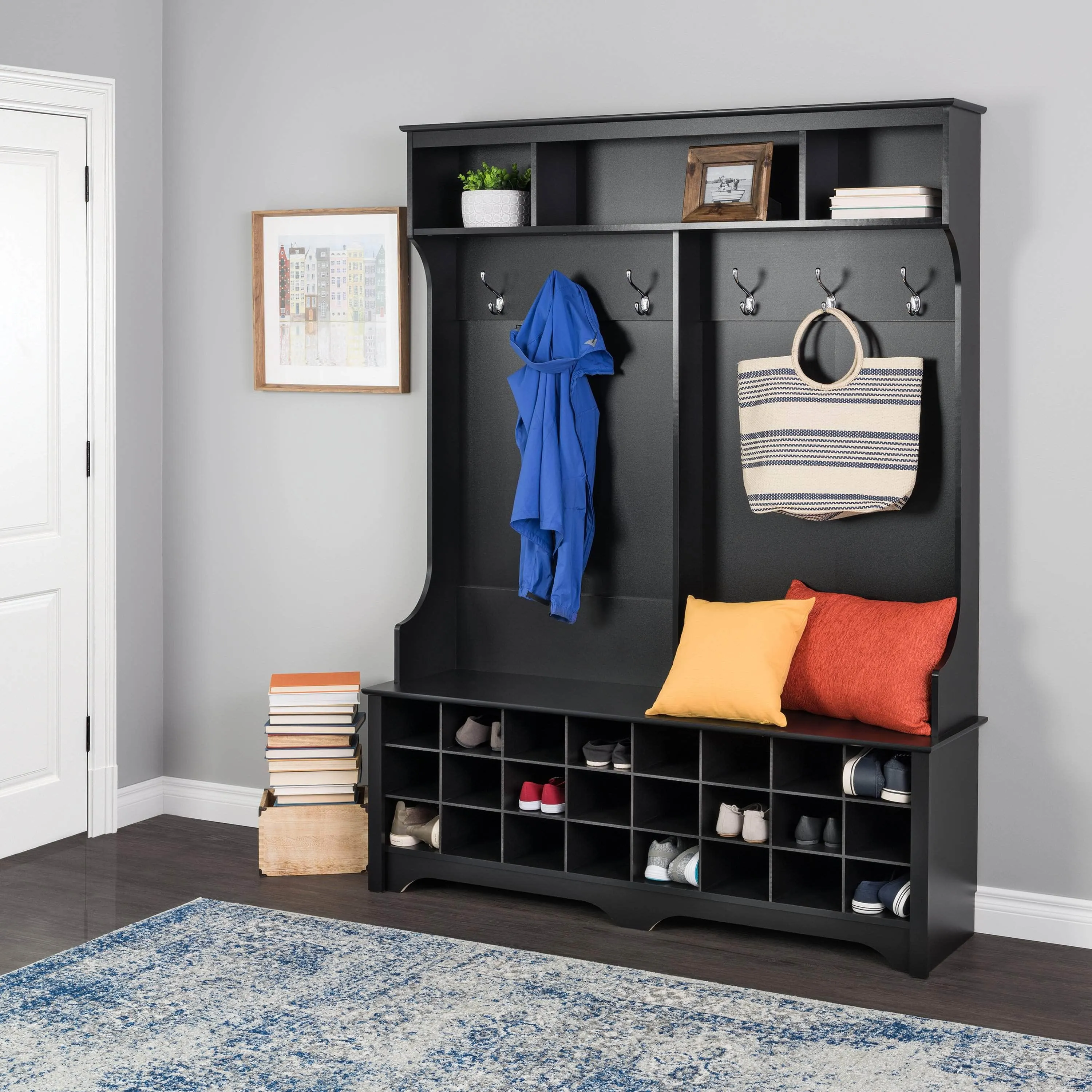 60" Wide Hall Tree with 24 Shoe Cubbies - Available in 4 Colours