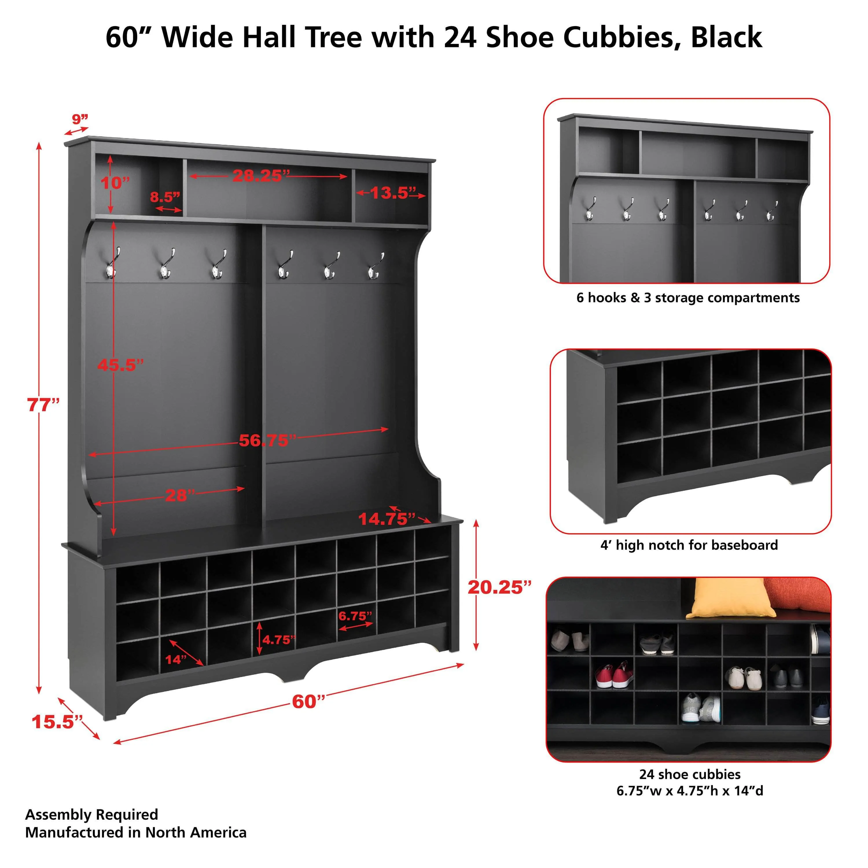 60" Wide Hall Tree with 24 Shoe Cubbies - Available in 4 Colours