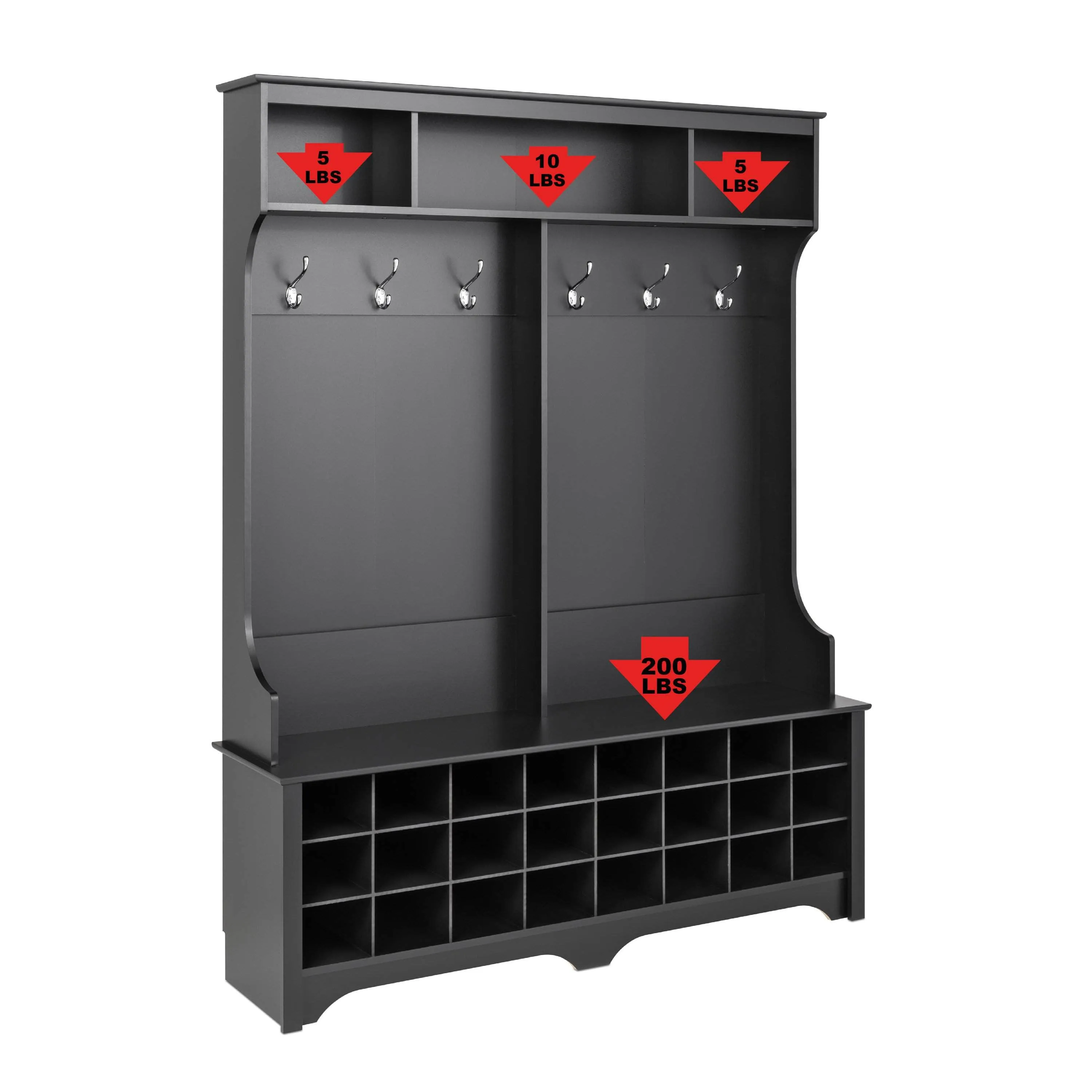 60" Wide Hall Tree with 24 Shoe Cubbies - Available in 4 Colours