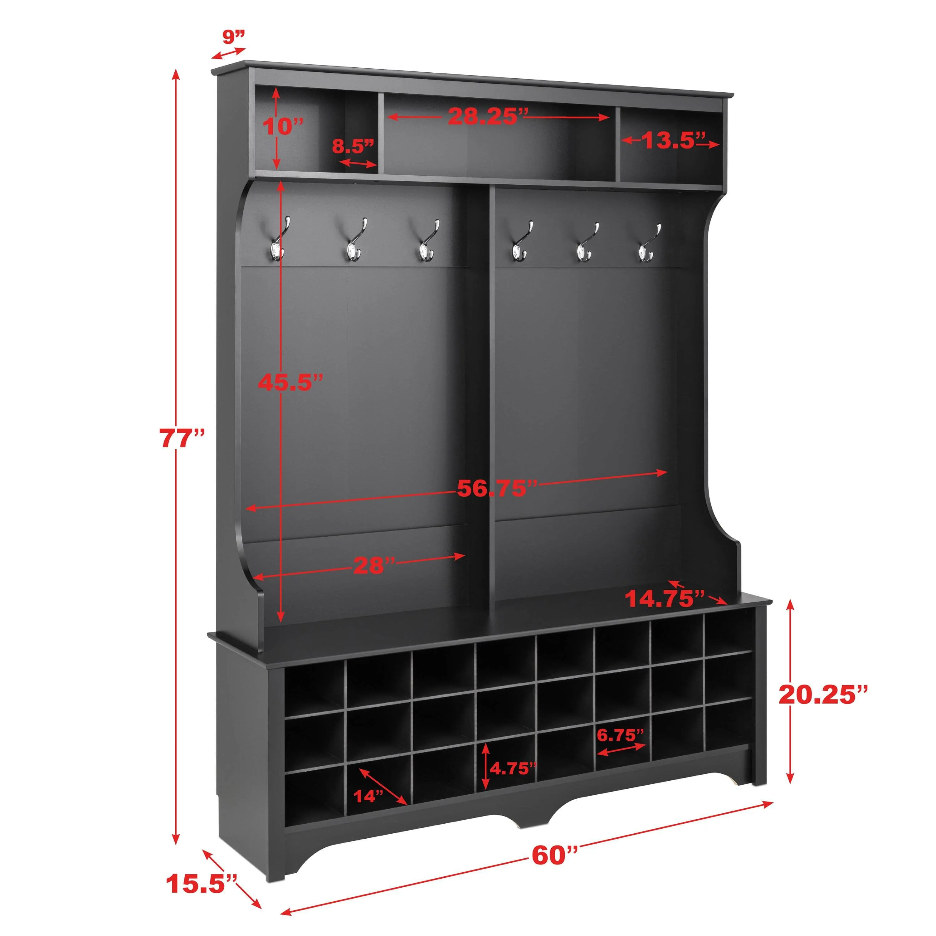 60" Wide Hall Tree with 24 Shoe Cubbies - Available in 4 Colours