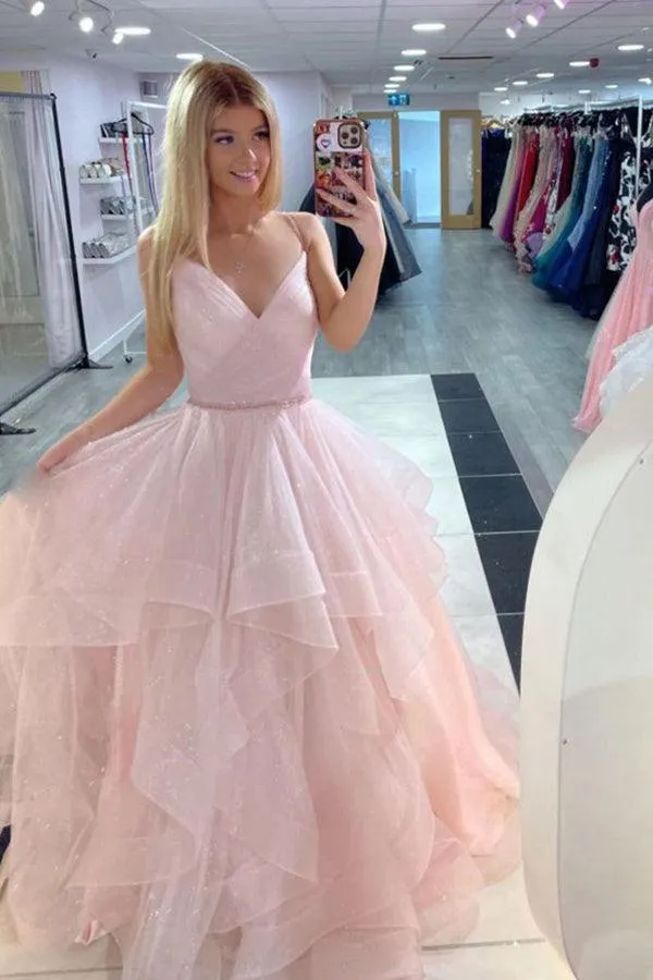 A-line Blue V Neck Tulle Sparkly Prom Dress Straps Evening Dress  TP1041