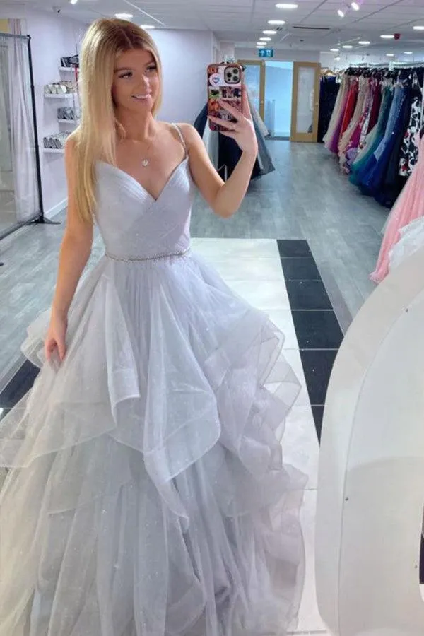 A-line Blue V Neck Tulle Sparkly Prom Dress Straps Evening Dress  TP1041