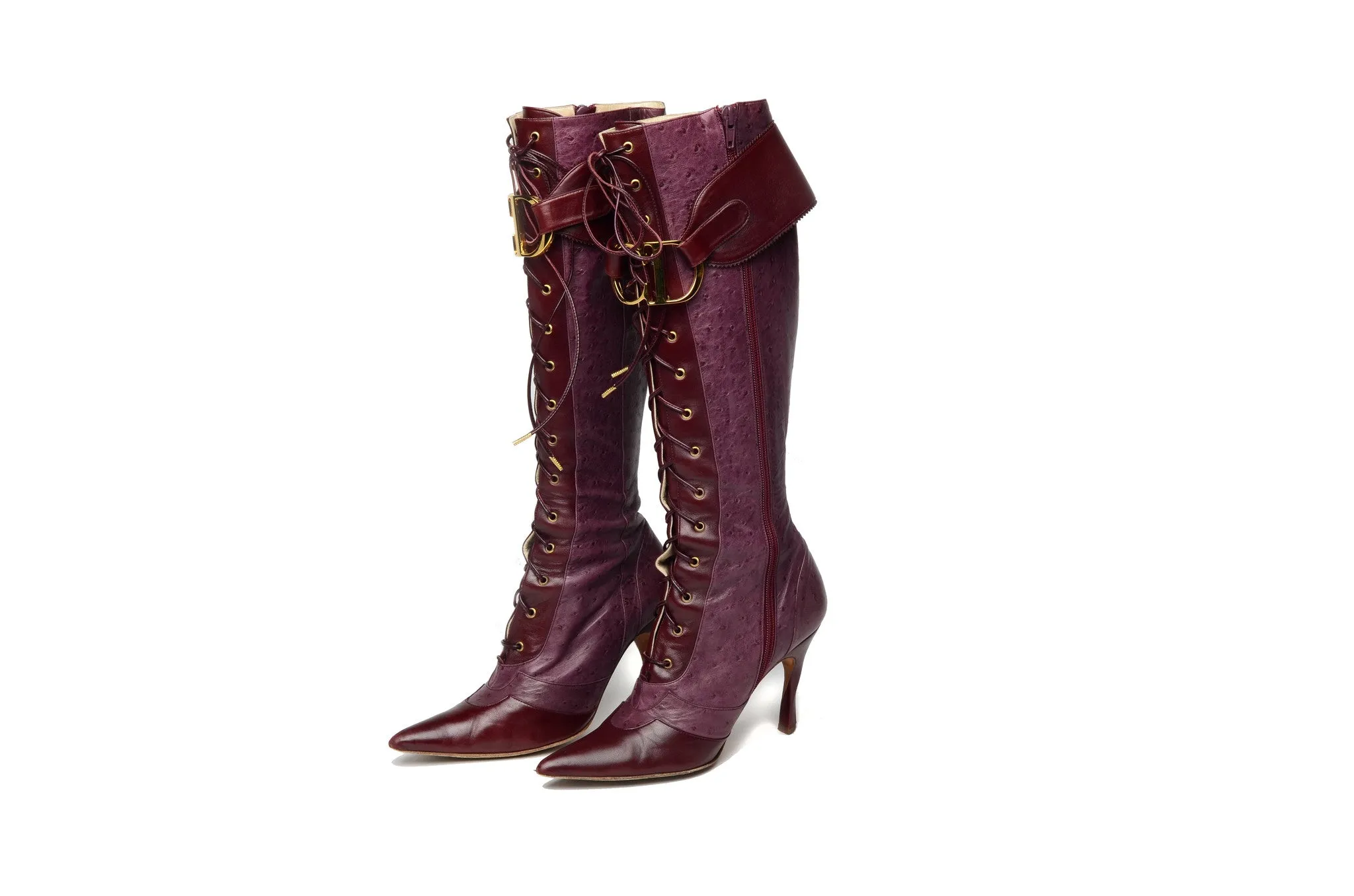 Christian Dior - Burgundy Ostrich Lace Up Boots - IT 38 1/2