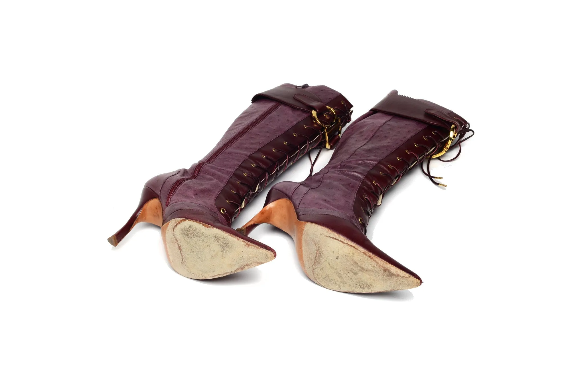 Christian Dior - Burgundy Ostrich Lace Up Boots - IT 38 1/2