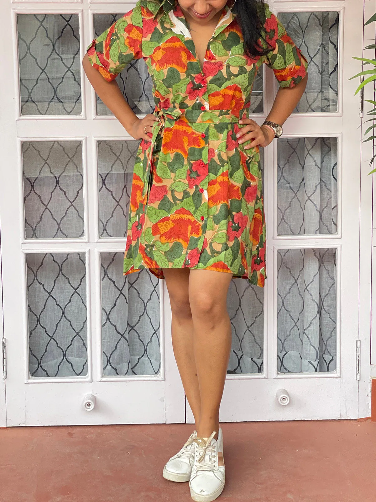 Curved Handblock Print Shirt Dress Green