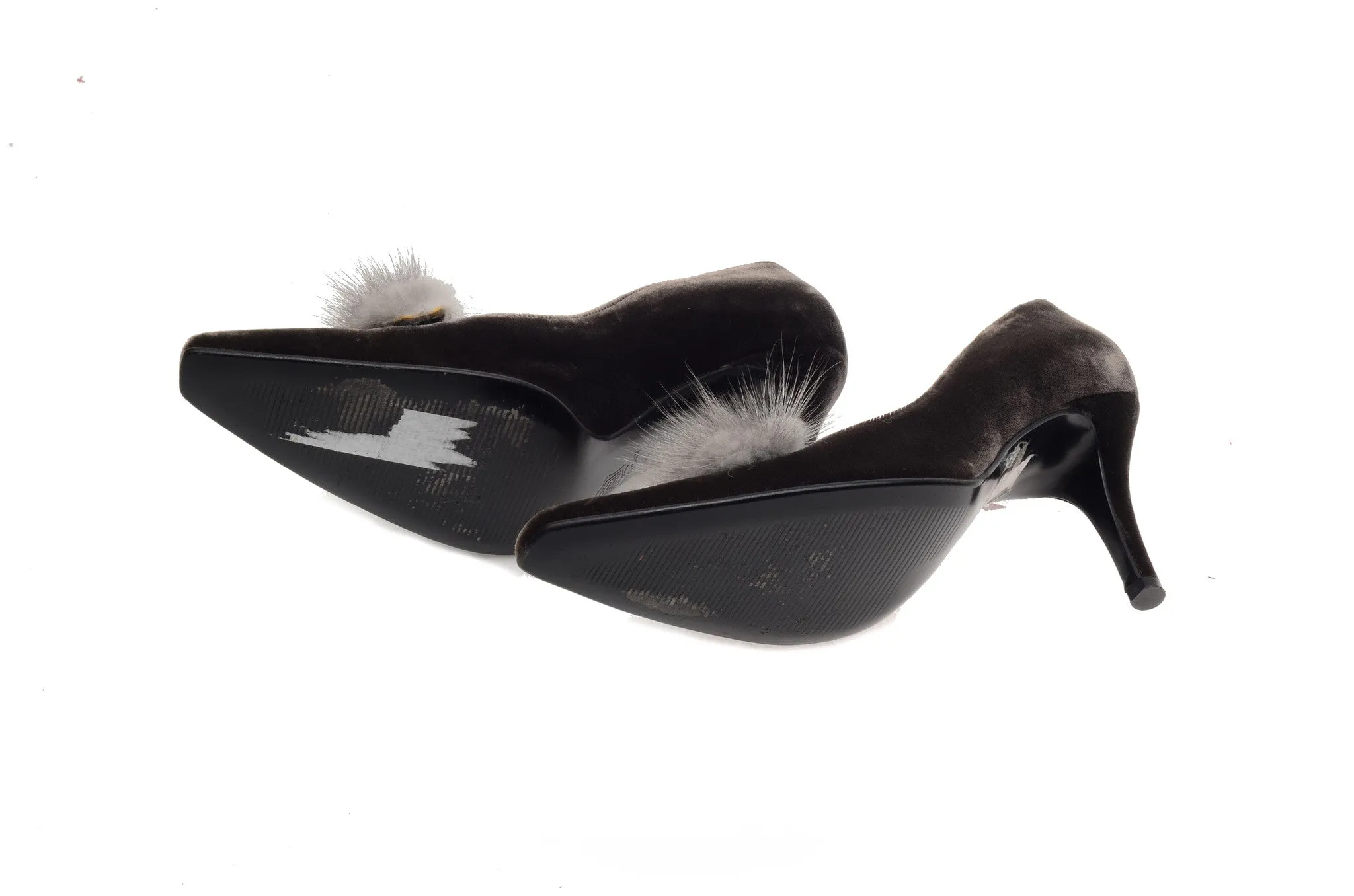 Dolce & Gabbana - Dark Gray Velvet with Mink Fur Trim Heels - IT 37 1/2