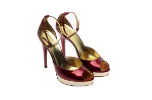 Iconic Vintage Gucci - Patent Red Peep Toe Pumps with Gold Accent - 8