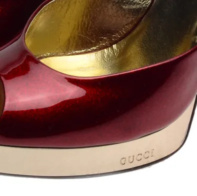 Iconic Vintage Gucci - Patent Red Peep Toe Pumps with Gold Accent - 8