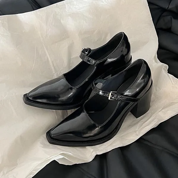 Women's Retro Pointed Toe Block Heels Mary Jane 24403602S